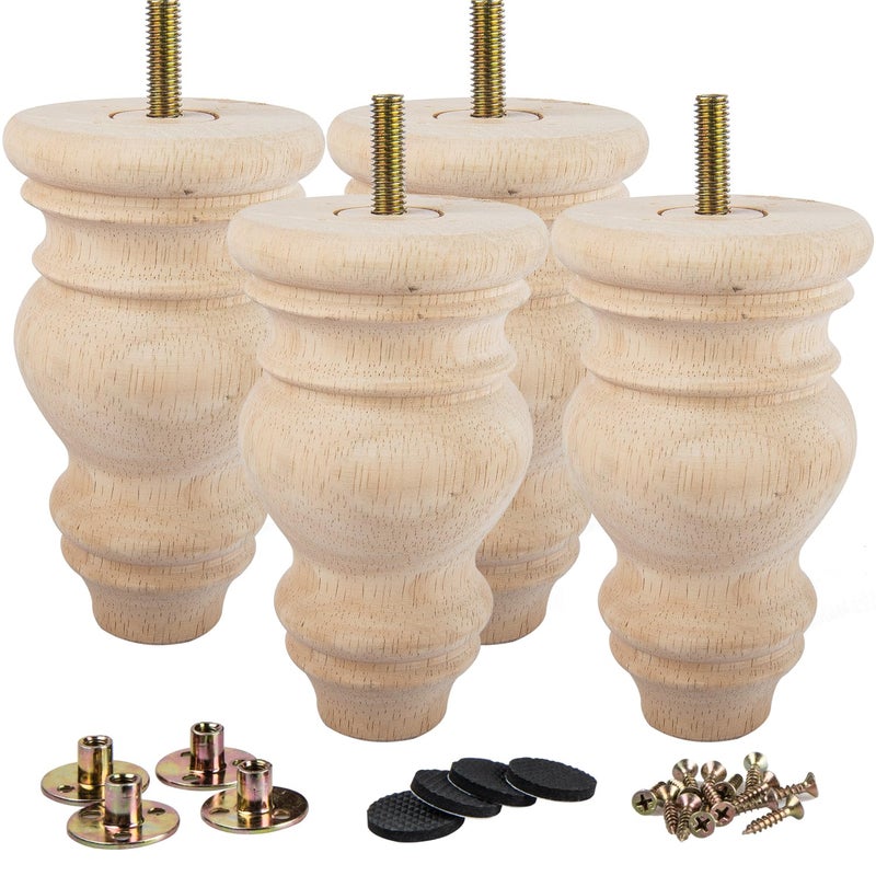 La Vane 5 inch / 12cm Unfinished Wooden Furniture Legs, 4PCS Soild Wood Turned Spindle Replacement Bun Feet with Pre-Drilled M8 Inch Bolt & Mounting Plate for Sofa Couch Chair Ottoman - Image 1